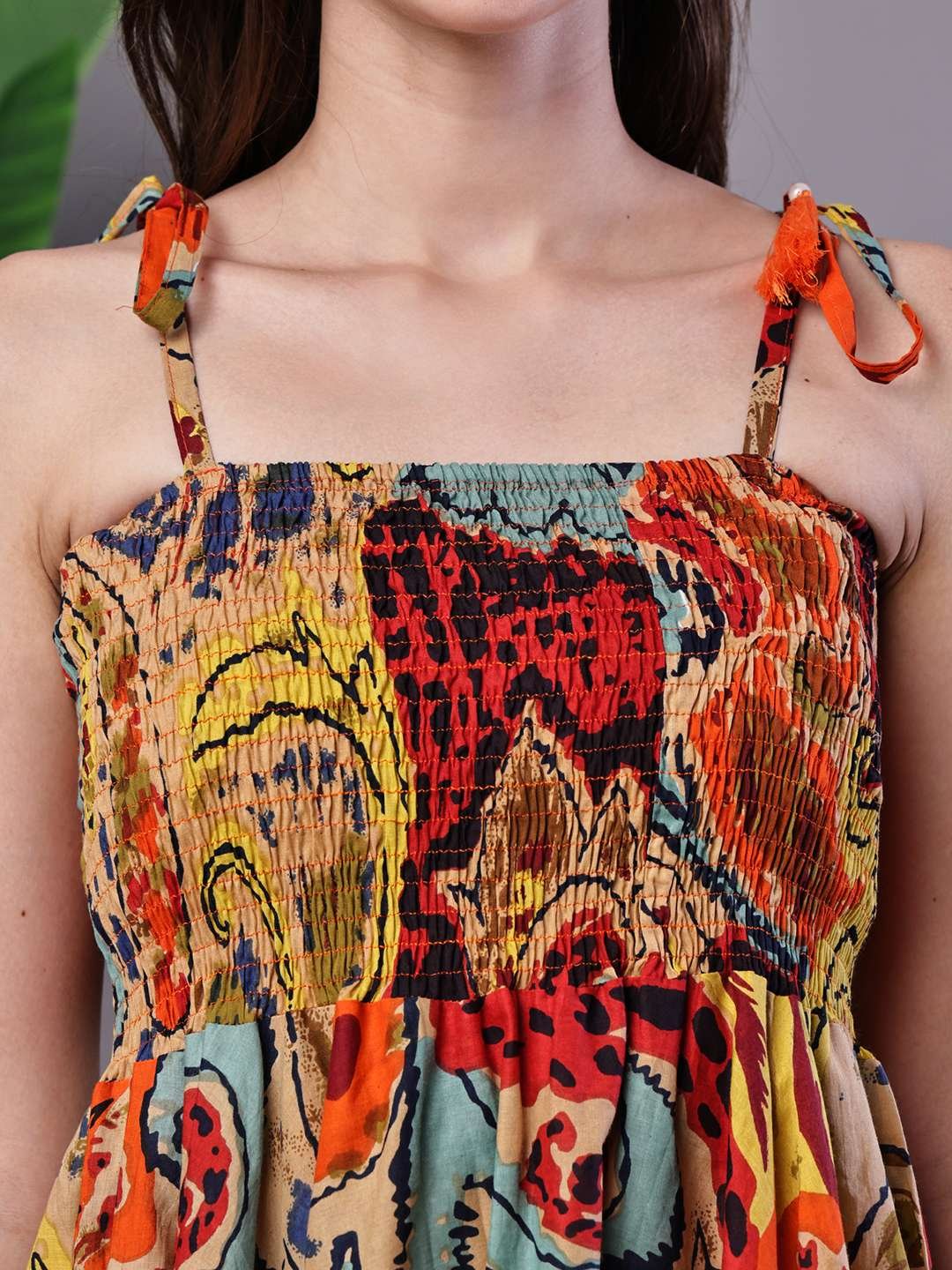Women's Multicolor Abstract Printed Cotton Handkerchief Hem Dress Midi Dresses - Image 5